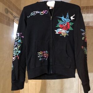 Ed Hardy Y2K Women's Rhinestone bird Rose Full Zip Hoodie small black christian